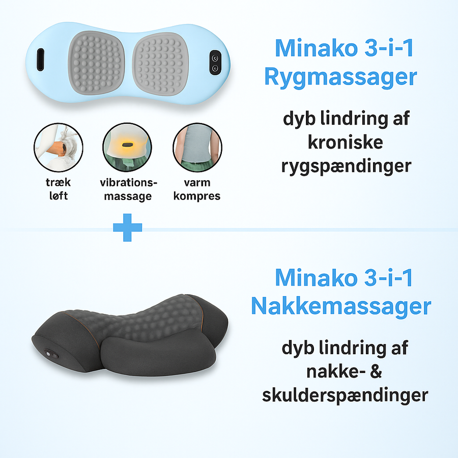 Minako- 3 i 1 Massage, Komfort og Støtte til Nakken og Øvre Ryg